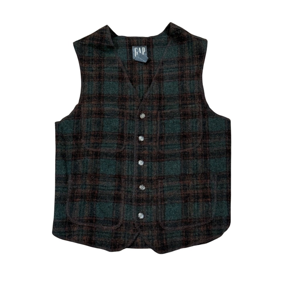 Vintage 90s 2000s GAP Recycled Wool Plaid Gilet Vest Mens XS Green Brown Preppy